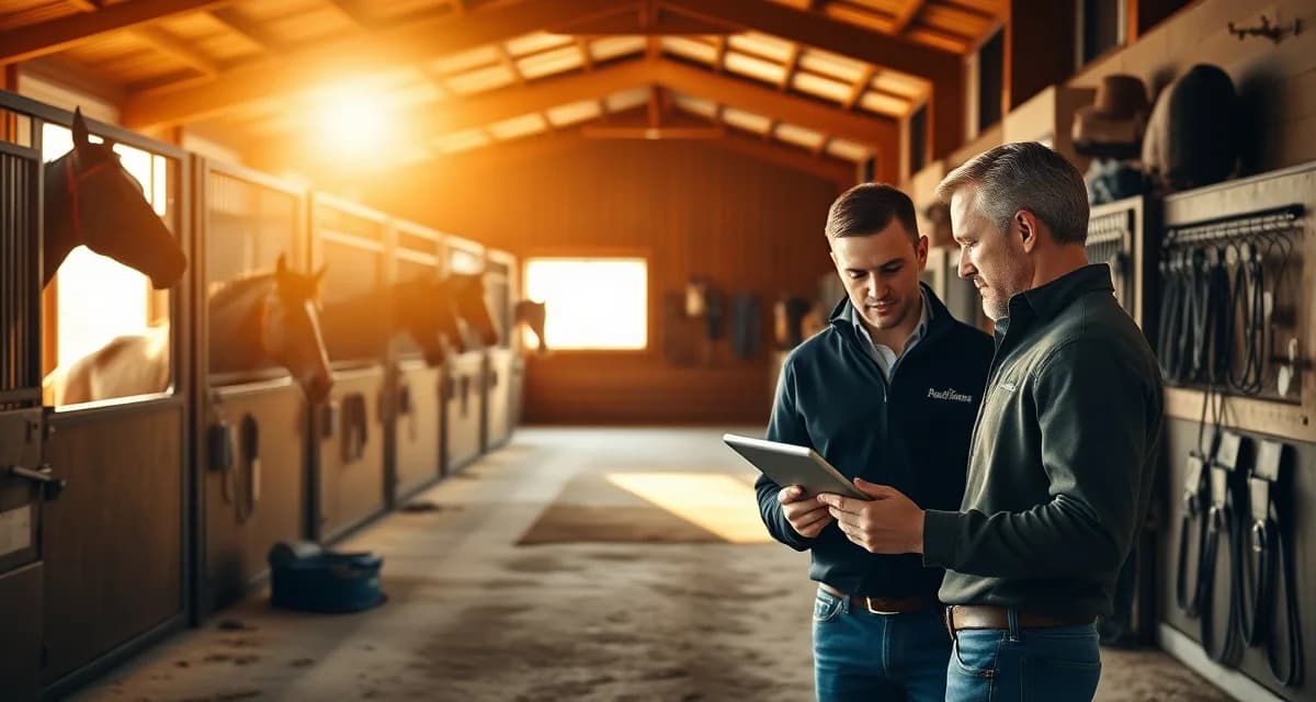 Organized reining barn facility with structured horse stalls, professional tack storage, and trainer managing barn operations with digital management software