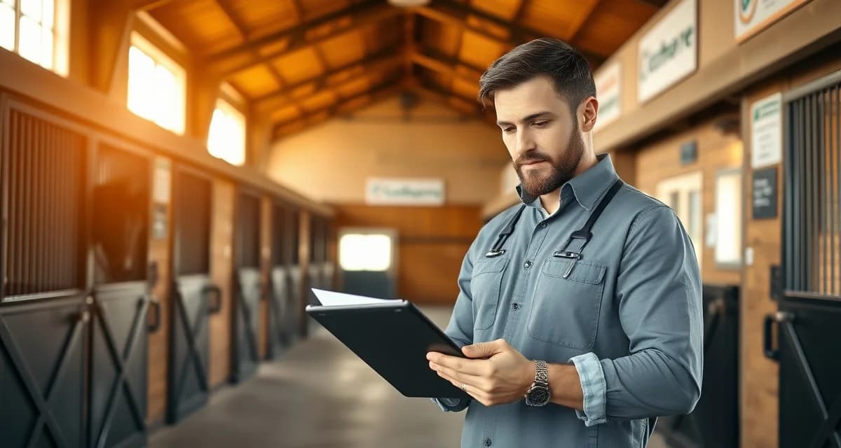 Barn manager using software to communicate with reining horse owners about training progress and facility updates in modern stable facility.