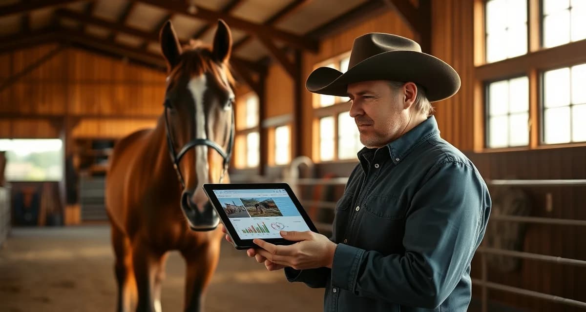 Reining barn owner using communication software to track NRHA points and training updates for competition horses