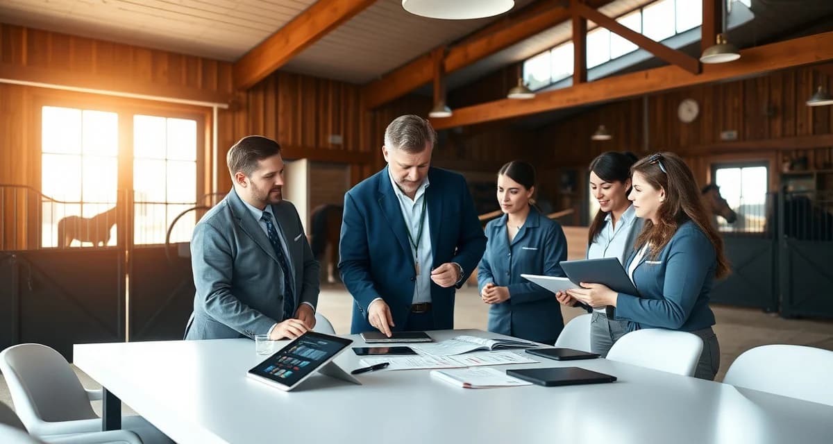 Reining barn manager coordinating staff schedules and horse training plans using specialized barn management software