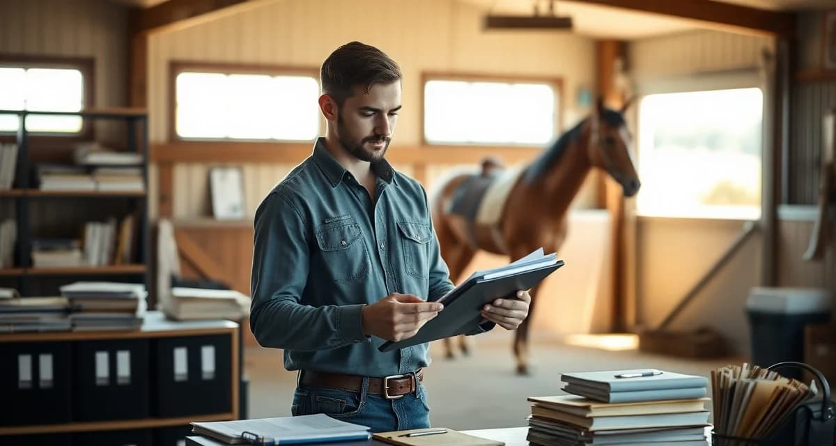 Horse trainer reviewing reining training progress updates and client communication on barn management software tablet in stable office