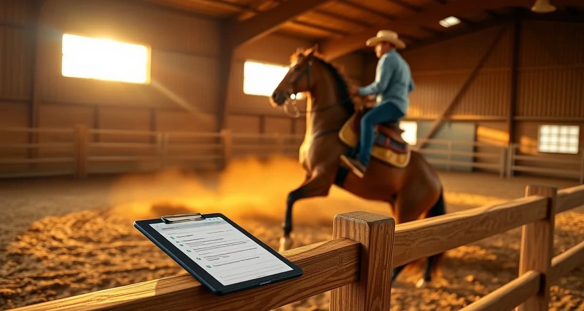 Reining barn owner organizing digital vet records and performance tracking on tablet for horse health management