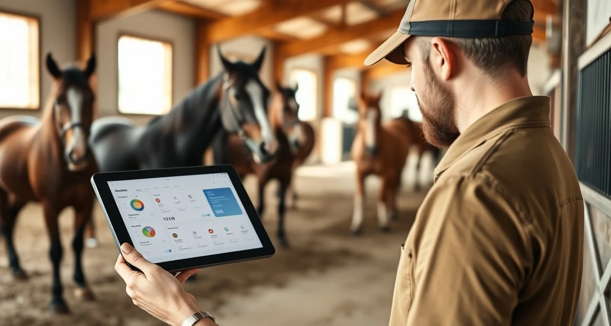 Horse barn owner monitoring remote stable updates on tablet with real-time notifications and owner portal dashboard