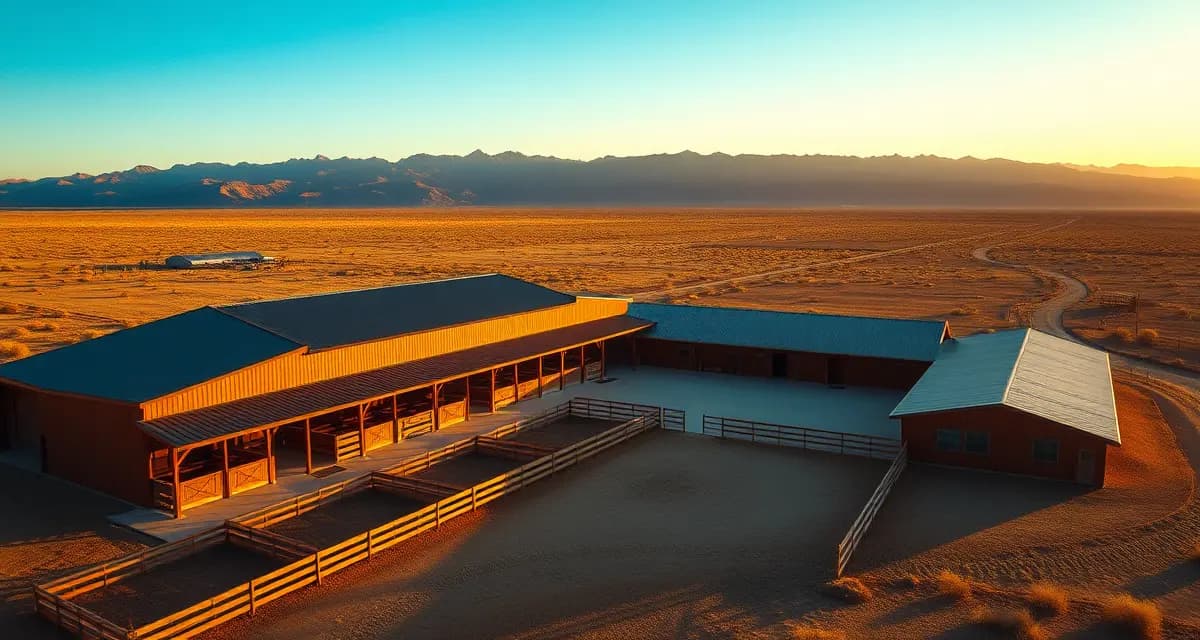 Modern horse barn facility in Reno Nevada with organized stables and high desert landscape showcasing barn management software capabilities