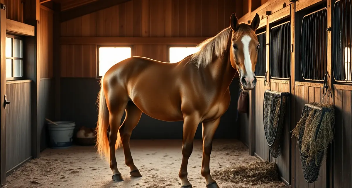 Senior horse in a clean retirement barn stall with proper bedding, water, and hay management for specialized equine care