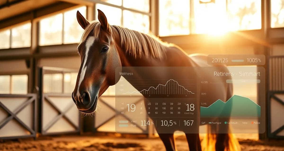 Senior horse in retirement barn with AI health monitoring dashboard tracking vital signs and wellness metrics for remote owners.