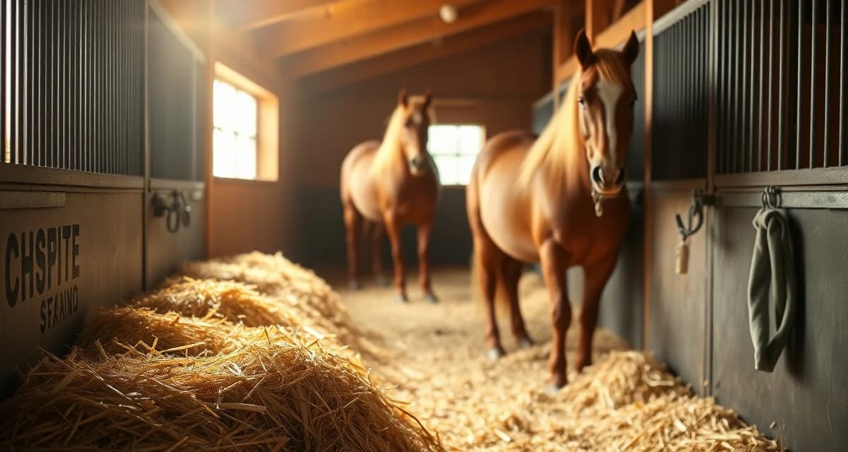 Clean retirement horse barn stall with fresh bedding and proper ventilation for senior horse care and health management