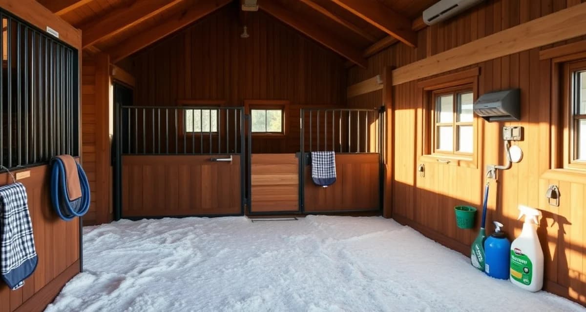 Clean horse stall in retirement barn with fresh bedding and organized space for daily cleaning and health inspections