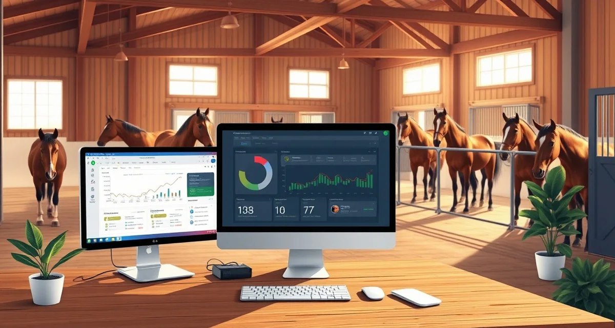 Horse barn management software interface displayed in a modern Rhode Island equine facility office with horses visible