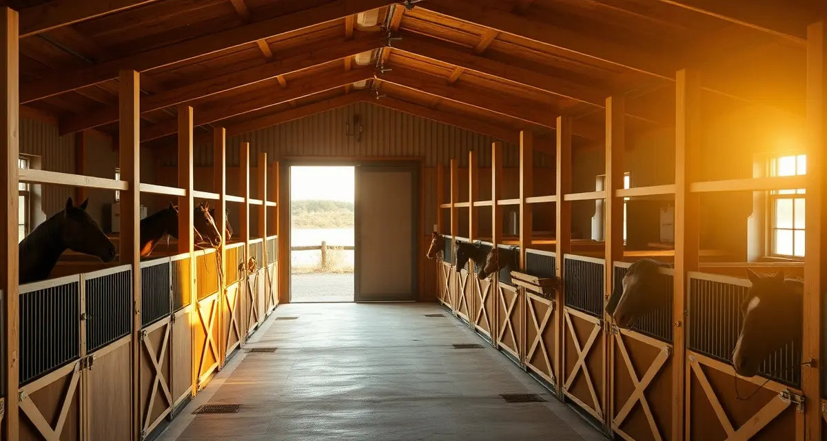 Modern horse barn interior with organized stalls and well-maintained horses in Rhode Island equestrian facility.