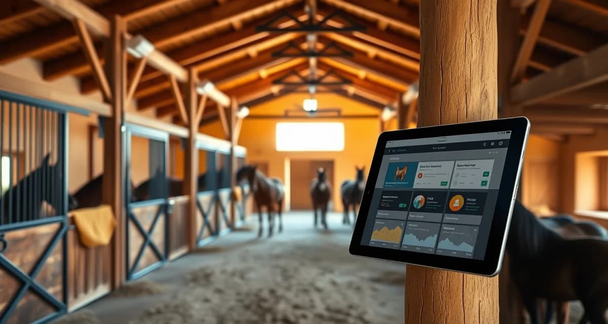 Modern horse barn in Santa Fe, NM with barn management software displayed on tablet for stable operations