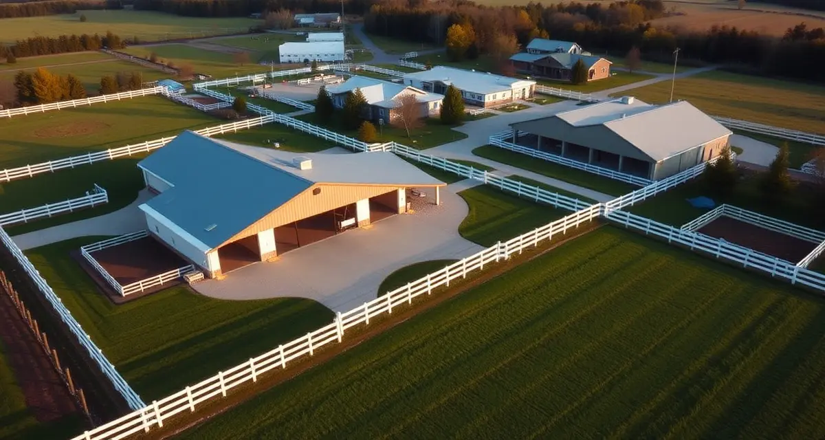 Modern horse barn facility with paddocks and white fencing near Saratoga Springs, New York representing equestrian stable management solutions