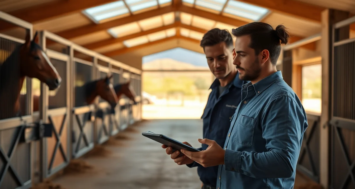 Barn management software interface displayed on tablet in modern Scottsdale horse facility with organized stalls and professional operations