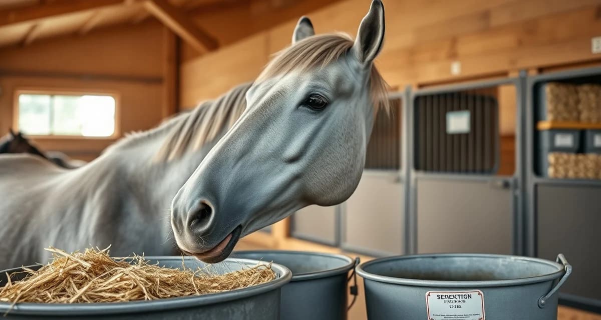 Senior horse eating soaked hay and pelleted feed from a labeled feed station in a boarding barn, demonstrating proper senior horse feeding protocols.