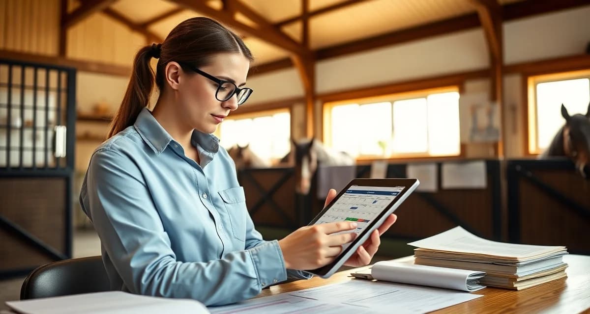 Barn manager using shared calendar scheduling software to organize stable operations and staff tasks efficiently