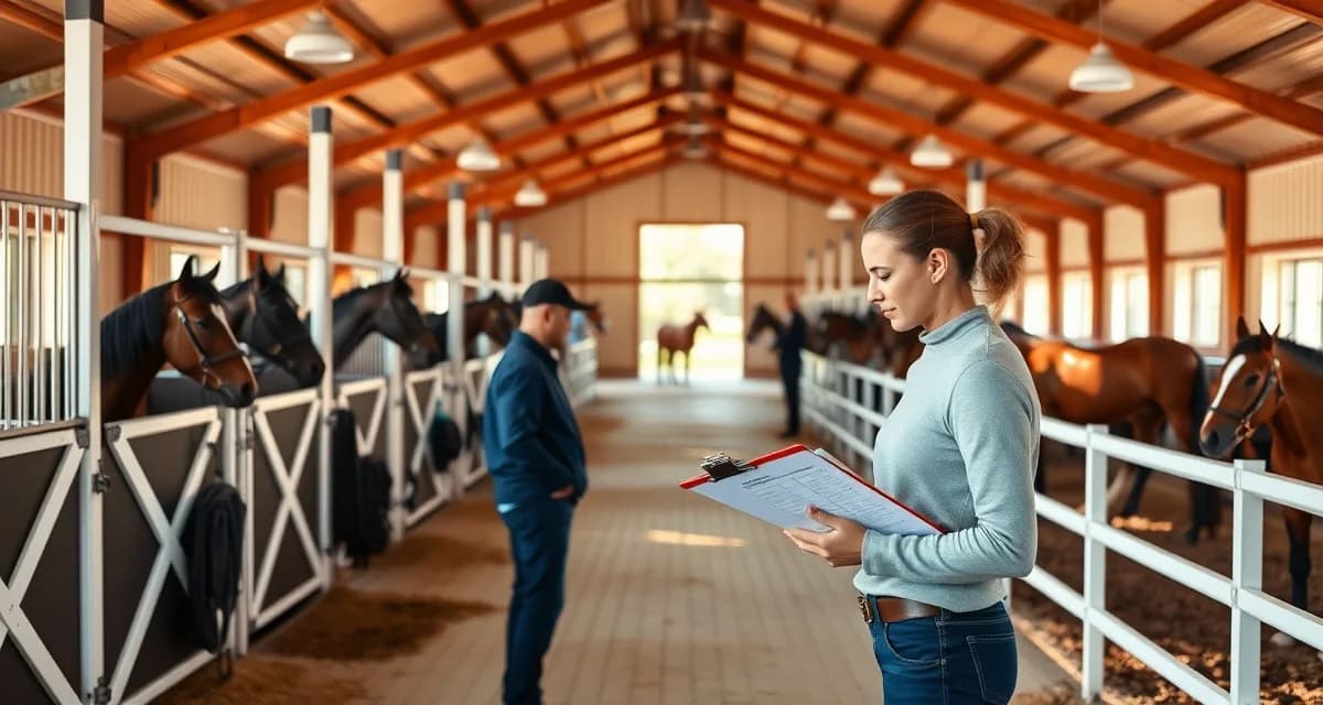 Show barn management operation with trainers coordinating multiple horses and clients during competition season using organized facility systems
