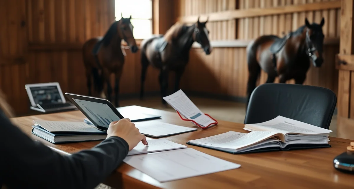 Trainer managing show entry fees and competition billing on digital tracking system for barn management