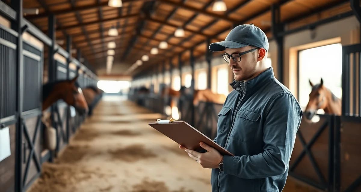 Horse barn manager using digital tools for show season barn management and expense tracking during peak operational period