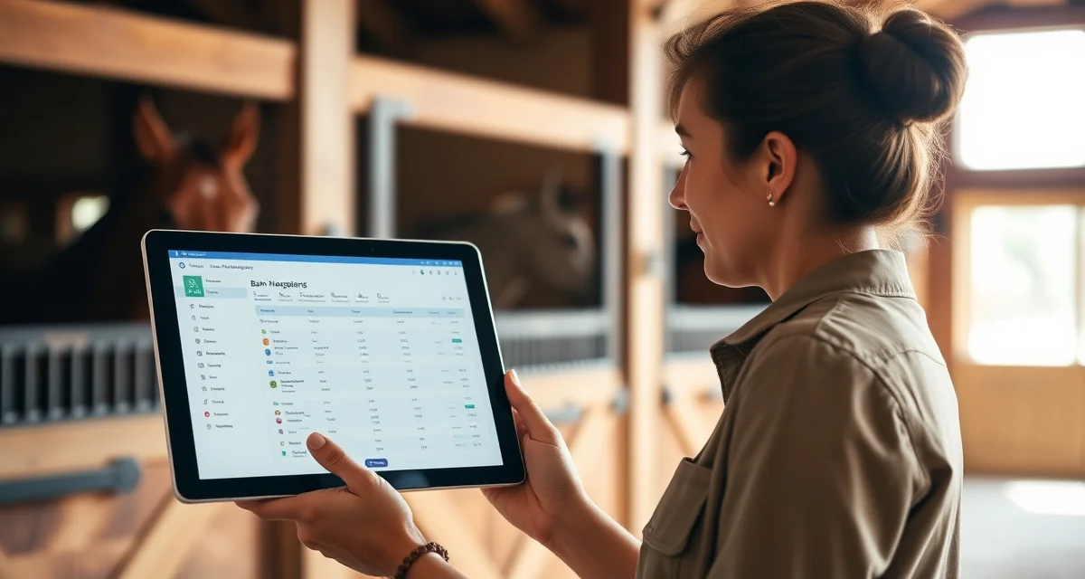 Small barn management software dashboard displaying simplified horse care records and scheduling features designed for operators