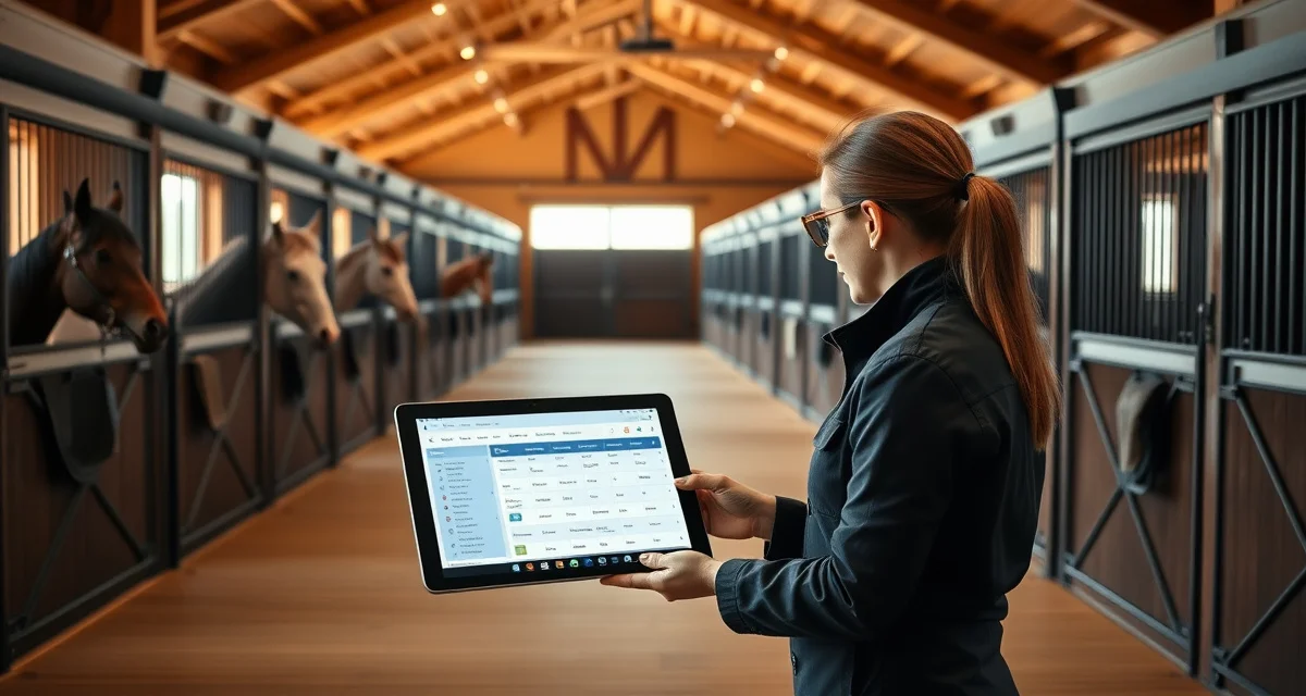 Modern barn management software interface for South Carolina equestrian facilities, displaying horse records and scheduling tools