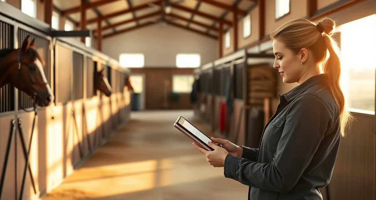 Barn manager using tablet for horse barn management software in organized South Dakota equine facility