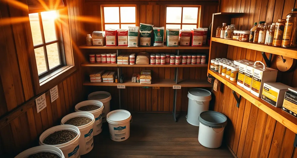 Organized horse barn feed station with labeled diet cards and color-coded feed buckets for managing special diet horses safely.