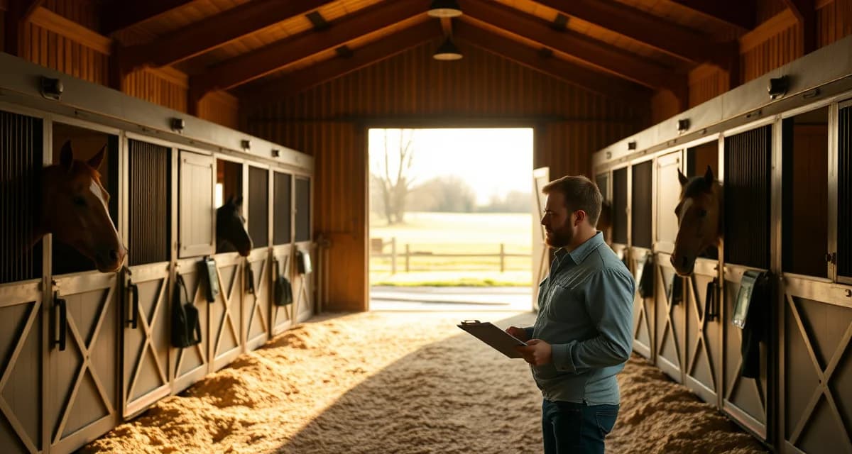 Horse barn manager conducting spring barn management checks with organized stalls and green pasture visible through open doors