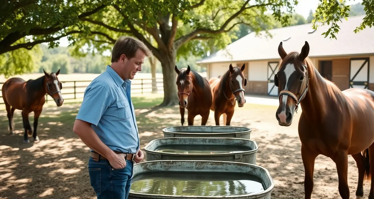 Horse barn manager monitoring summer turnout management with horses in shaded pasture during heat stress season