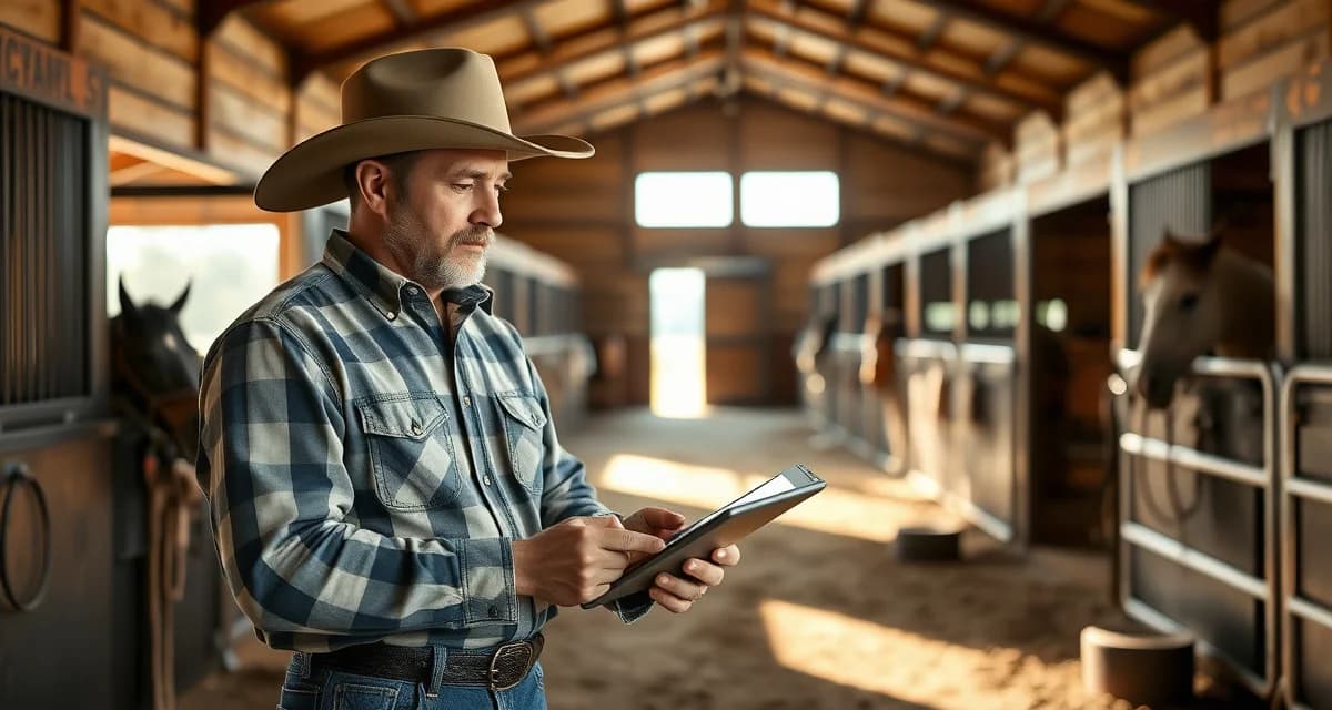 Team roping barn owner managing emergency communication protocols using farm management software on tablet device in stable facility.