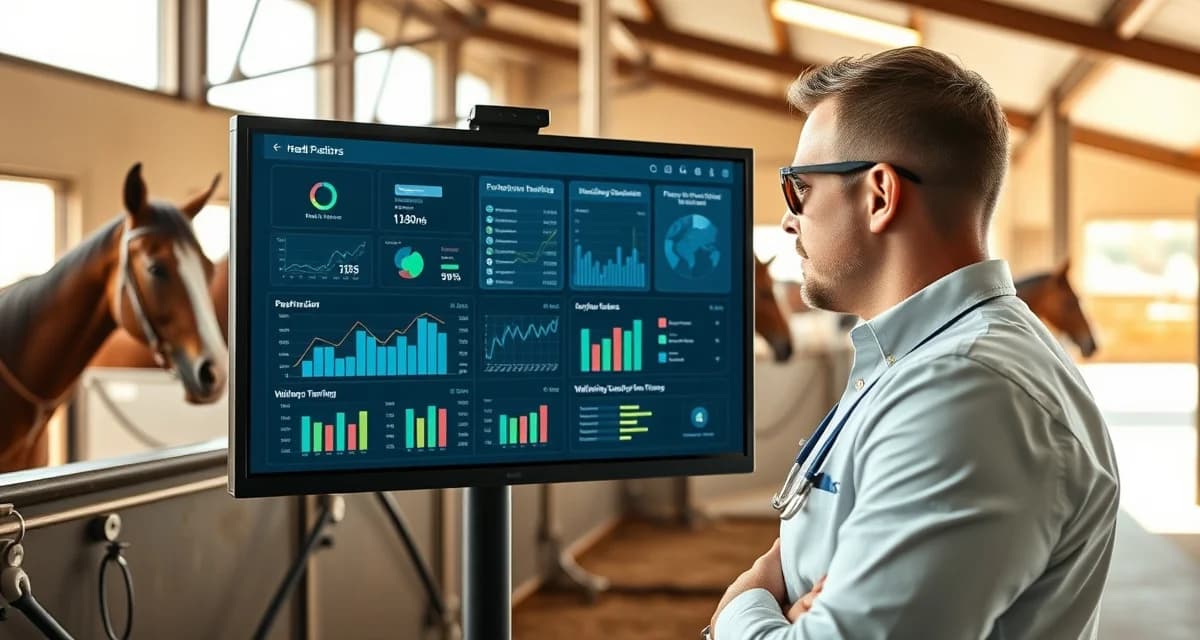 Barn manager using digital health monitoring software to track team roping horse wellness and performance metrics in stable management system.