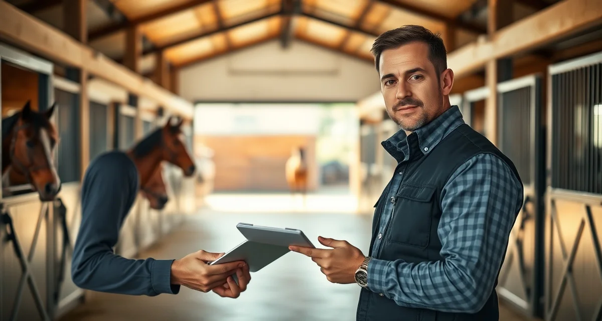 Barn manager using incident reporting software to document team roping horse care updates and owner communications