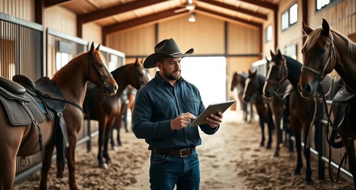Team roping barn owner reviewing structured communication updates on tablet in modern stable facility for coordinating horses and competitors
