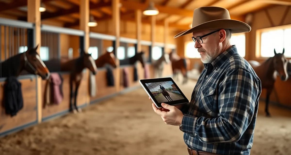 Team roping barn owner reviewing horse performance photos and competition updates on mobile device for header and heeler training management.