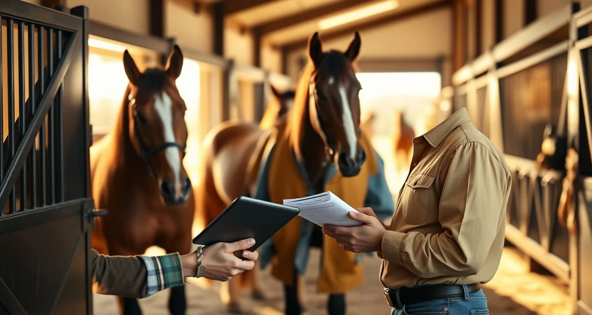 Team roping barn owner reviewing organized vet records on digital platform for efficient horse care communication