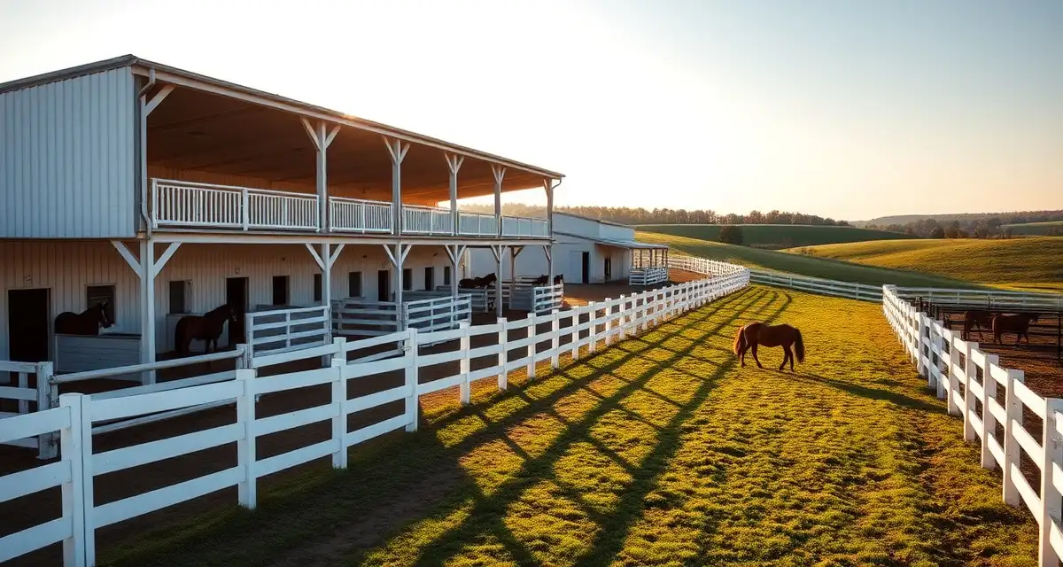 Modern Tennessee equine facility with white fencing, paddocks, and grazing horses in pastoral setting.