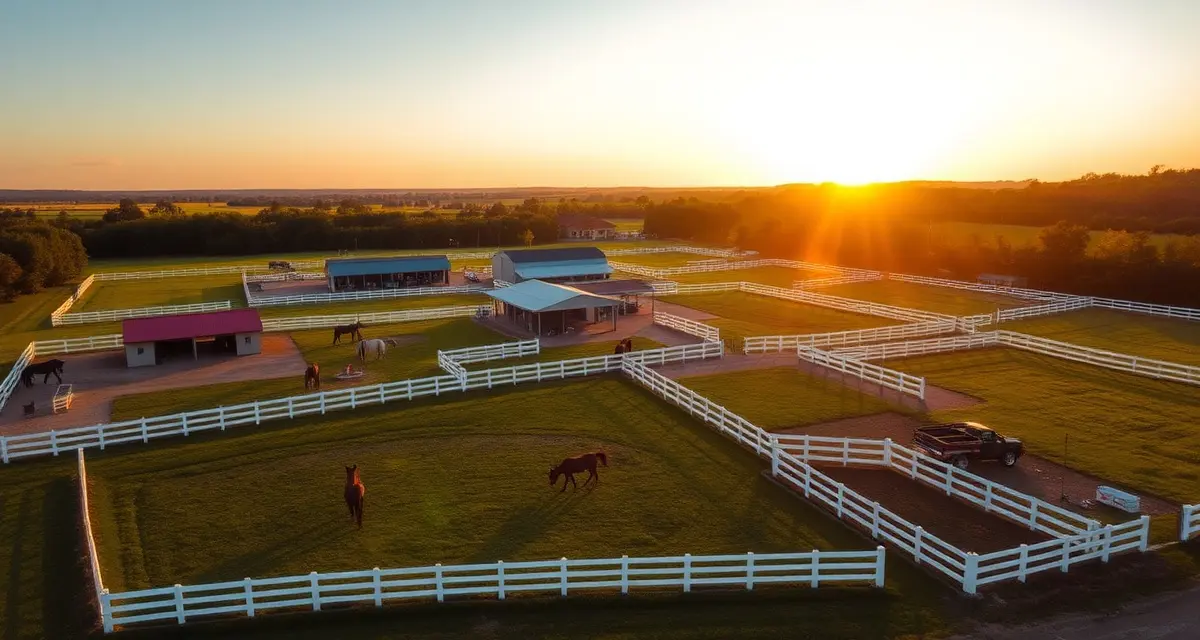 Professional horse boarding barn facility in Tennessee with organized stables, fenced pastures, and quality infrastructure for equestrian business operations.