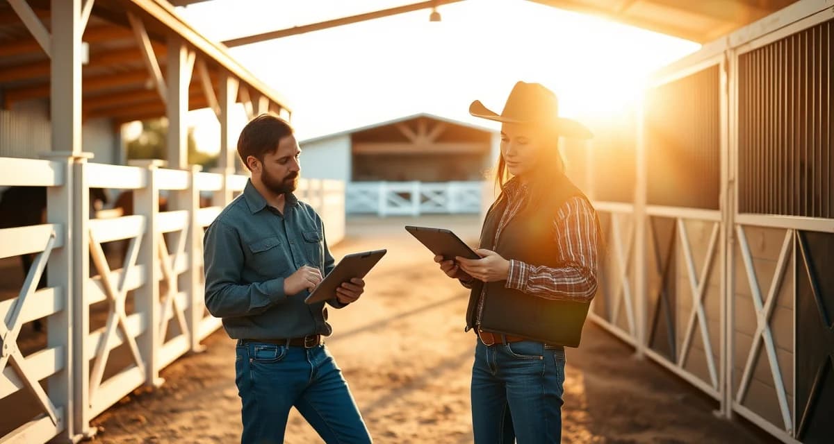 Professional barn manager using barn management software on tablet at Texas equestrian facility with modern stable infrastructure.