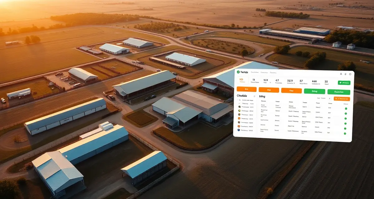 Texas equestrian facility management software dashboard displaying barn scheduling, horse records, and invoice tracking for large-scale operations.