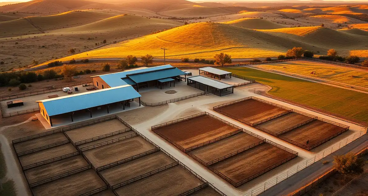 Modern Texas equine facility with organized horse barns, paddocks, and pastures in hill country landscape setting