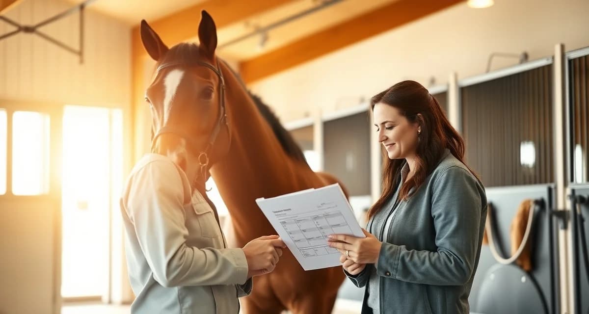 Therapeutic barn owner reviewing horse health updates and communication records with instructor in modern stable facility