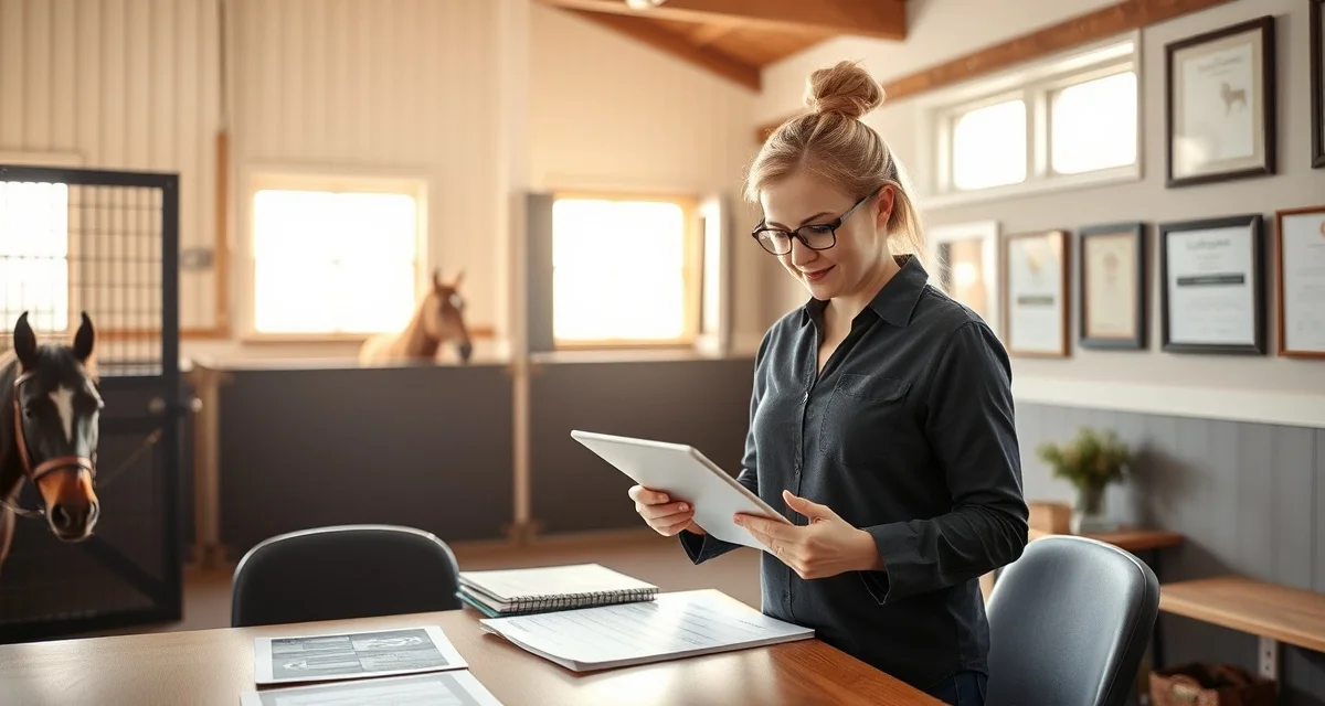 Barn owner documenting horse training progress and therapeutic updates for client communication and veterinary records