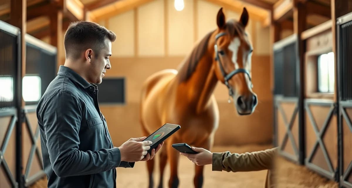 Therapeutic riding barn manager using digital health monitoring software to check horse wellness metrics on tablet in stable facility