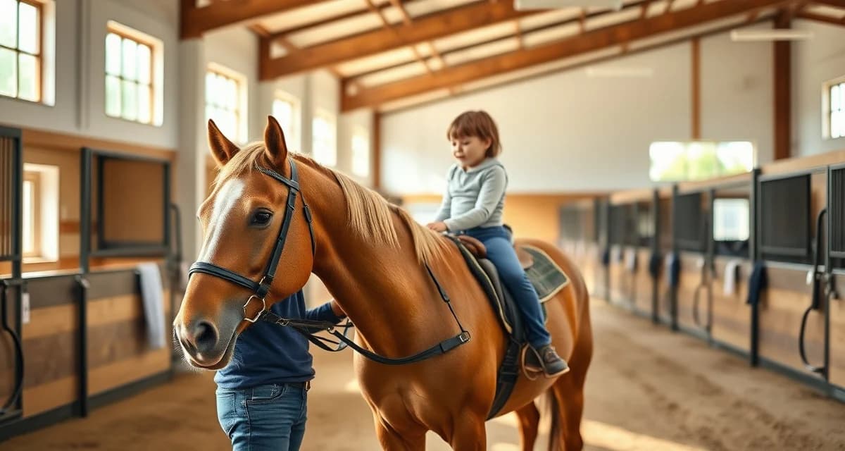 Therapeutic riding instructor managing horse and participant in organized barn facility with modern stable management systems