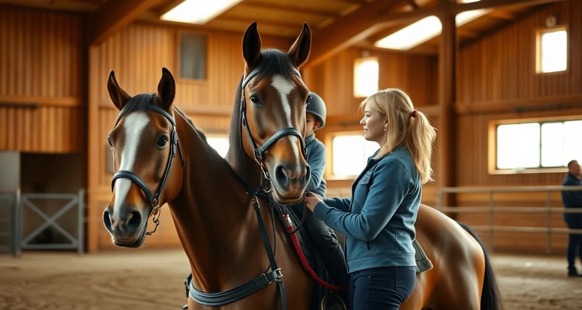 Therapeutic riding barn manager communicating with volunteer staff about horse health and rider safety protocols in a modern stable facility.
