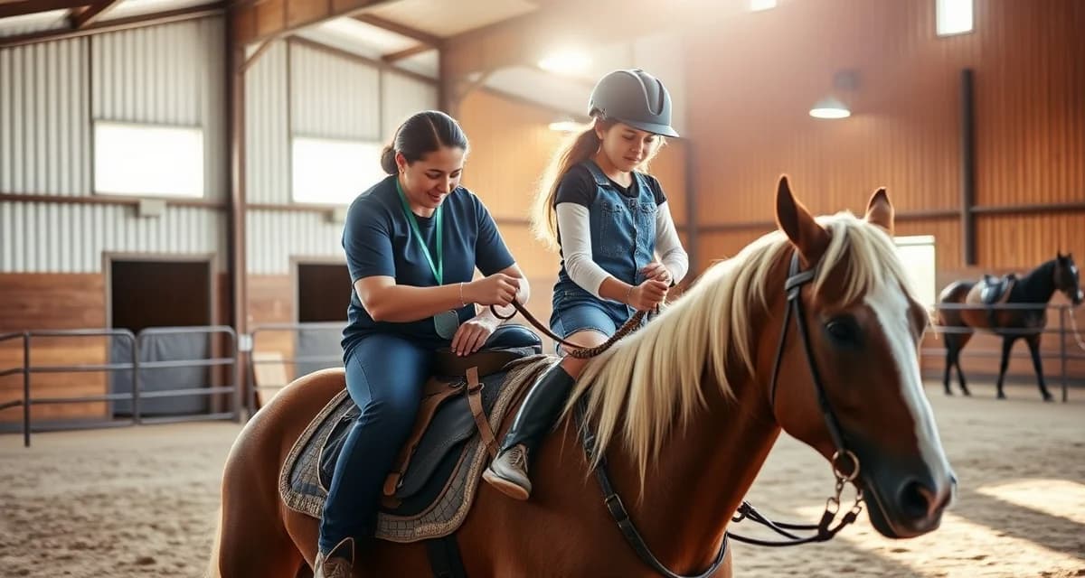 Therapeutic riding instructor guiding a participant during equine therapy session in a professional barn facility with organized management systems.