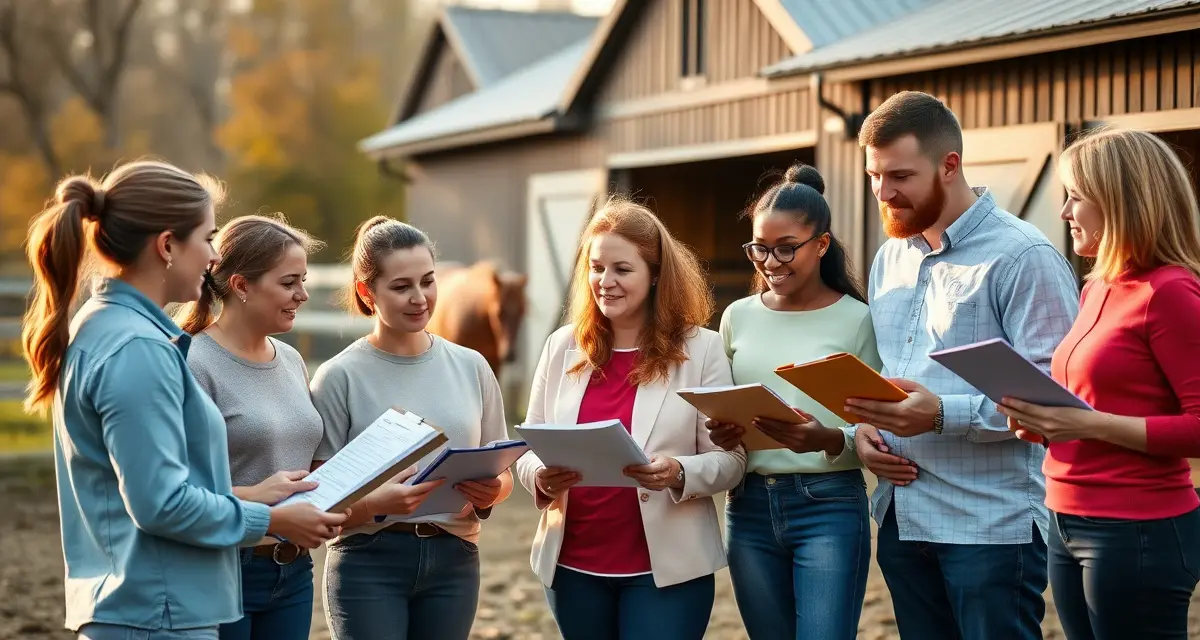 Therapeutic riding barn staff team collaborating on facility management and volunteer coordination at an equine center