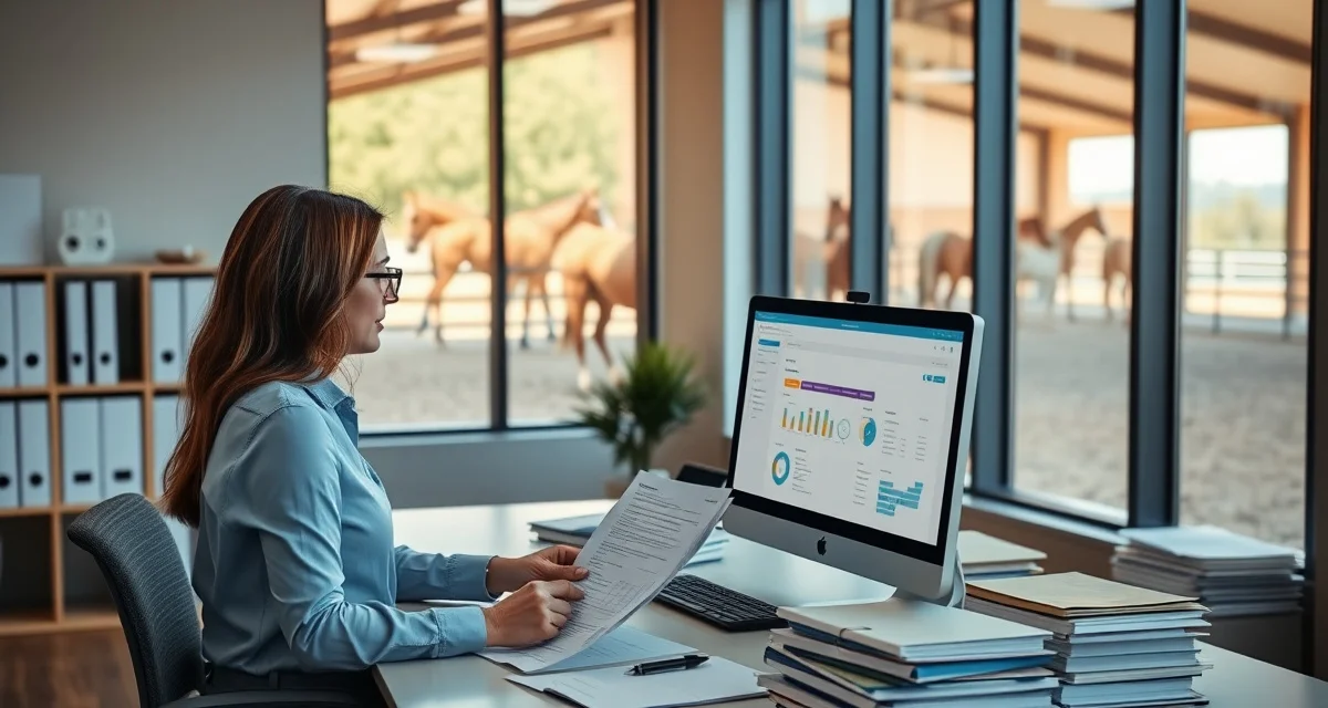 Therapeutic riding barn manager reviewing billing documentation and specialized equine facility software for sliding-scale fees and insurance claims.