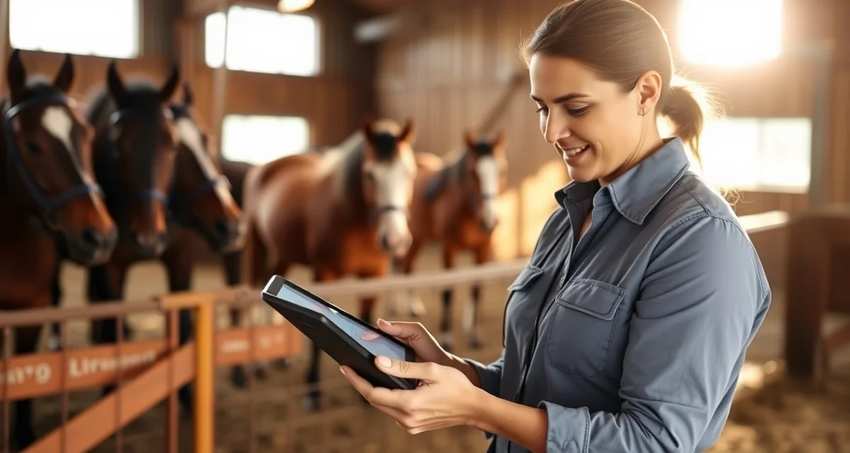 Trail riding barn manager using health monitoring software on tablet to track horse wellness and safety records