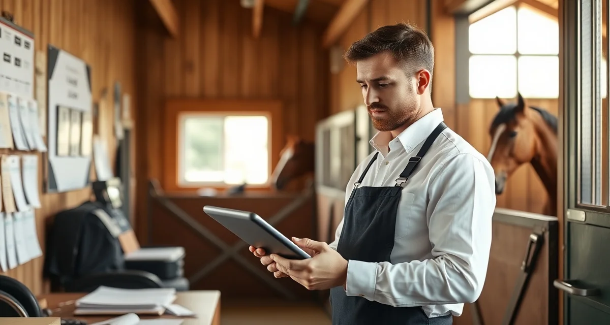 Barn manager reviewing incident reports and trail riding communications on digital platform in organized stable office