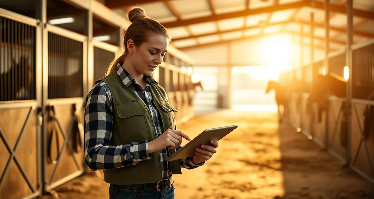 Trail riding barn manager using management software to organize horse assignments and ride schedules on digital device in stable facility.
